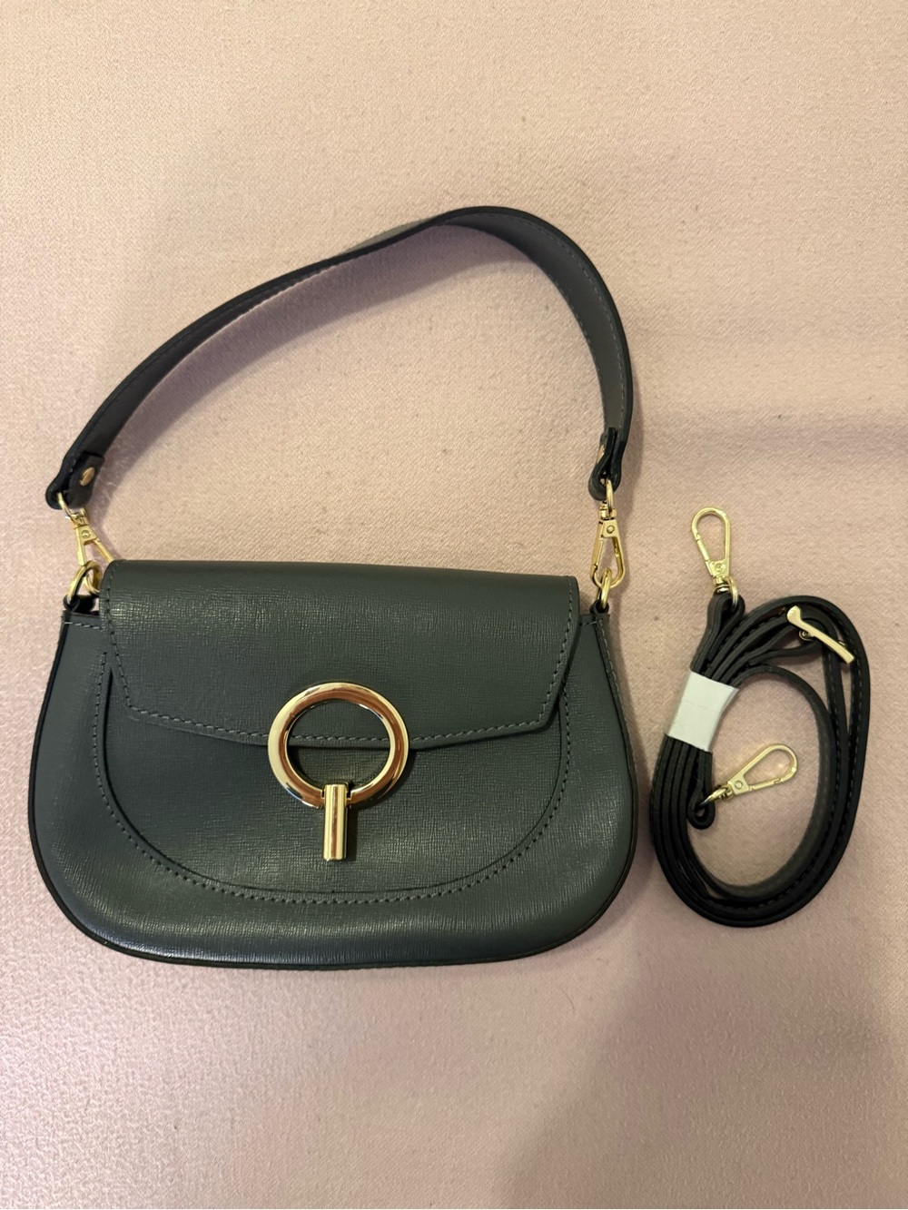 Italian Gray Leather Shoulder Bag with Gold Ring Detail